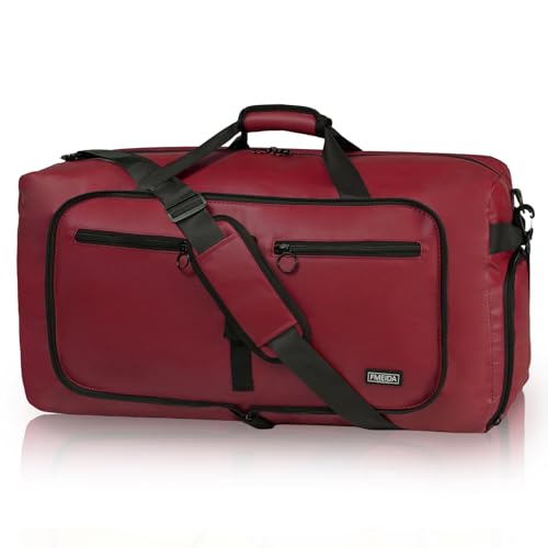 Fmeida 65L Duffle Bag with Shoes Compartment, Foldable Travel Duffel Bags for Men Women, Large Packable Travel Bag Water Repellent & Tear Resistant (Red) - color: Glossy Red