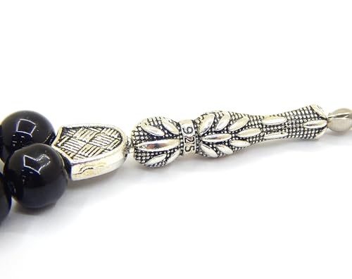 Perlin Muslim Prayer Beads 33 Bead Black Onyx Tasbih – Islamic Misbaha Subha Dhikr Beads with 10 mm Polished Onyx Gemstone Beads, Hematite Spacers and 925 Sterling Silver Imam, Ottoman Style Rosary