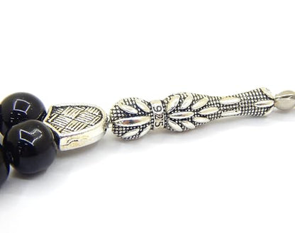 Perlin Muslim Prayer Beads 33 Bead Black Onyx Tasbih – Islamic Misbaha Subha Dhikr Beads with 10 mm Polished Onyx Gemstone Beads, Hematite Spacers and 925 Sterling Silver Imam, Ottoman Style Rosary