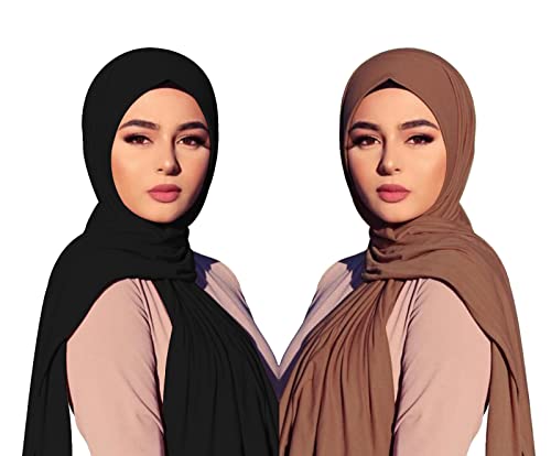 여성용 단색 저지 히잡 가볍고 부드러운 무슬림 헤드 스카프 롱 스카프 랩 스카프 2개 - color: 블랙, 딥 카키