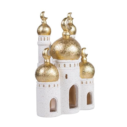 Hebdids，Mubarak Decorative ，White and Gold, 10.24 x 7.09 x 3.54 inches, Modern Style, Resin Material ， Mosque Castle Sculpture - size: 7.09*3.54*10.24in