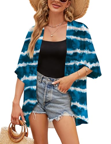 Chunoy Women Short Sleeve Chiffon Kimono Beach Swimsuit Cover Up - color: Tie-dyed Blue Striped, size: Medium