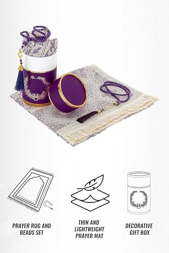 ihvan online Muslim Prayer Rug and Prayer Beads with Elegant Design Cylinder Gift Box, Janamaz, Soft Sajadah, Islamic Gifts Set, Portable Prayers Carpet Mat, Taffeta Fabric, Purple - color: Purple