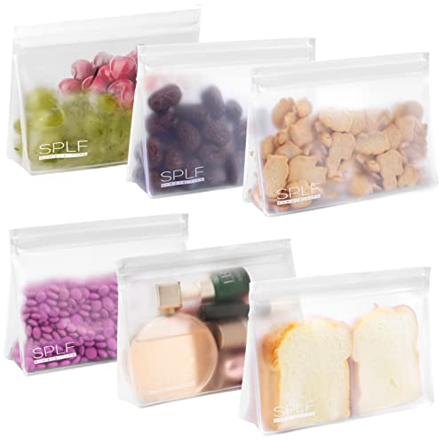 SPLF 6 Pack Dishwasher Safe Reusable Sandwich Bags Stand Up | Quart freezer bags, Reusable Food Storage Bags, BPA FREE Extra Thick Leakproof Silicone Free Zipper Snack Lunch - size: 6 Pack Quart Bags