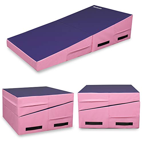 Folding Gymnastics Cheese Wedge Incline Mat, Gym Fitness Tumbling Skill Shape Mat for Kids Girls Home Training Exercise - color: Purple+Pink