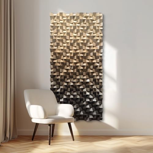 BrightA Wooden Wall Art, Abstract Coffee Brown Gradient with Solid Wood Triangles, Handmade Textured Mosaic for Modern Living Room or Bedroom 23.6"x47.2" - color: Dark brown + Grayish brown + Black, size: 23.6"x47.2"