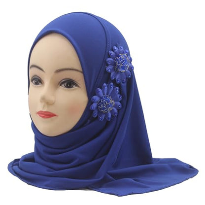 Soft Instant Hijab for Kids Girls Muslim Headscarf Islamic Scarf Shawl Wrap with Flowers - color: Blue-2 Flowers