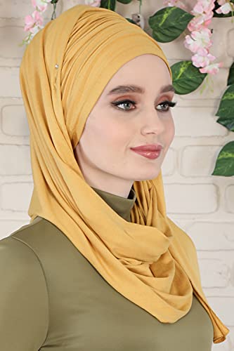Aisha's Design Instant Hijab Scarves for Women, 95% Cotton Pretied Bonnet Turban Easy to Wear Cotton Headscarf - color: Mustard