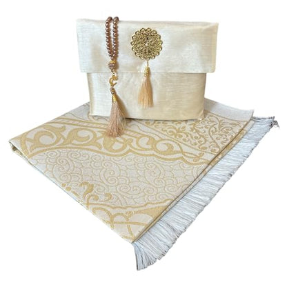 Muslim Prayer Rug and Beads with Elegant Slub Fabric Bag | Janamaz | Sajadah | Soft Islamic Prayer Rug | Islamic & Mawlid Gifts | Prayer Carpet Mat, Taffeta Fabric (Gold, 8 Sets) - color: Gold, size: 8 Sets