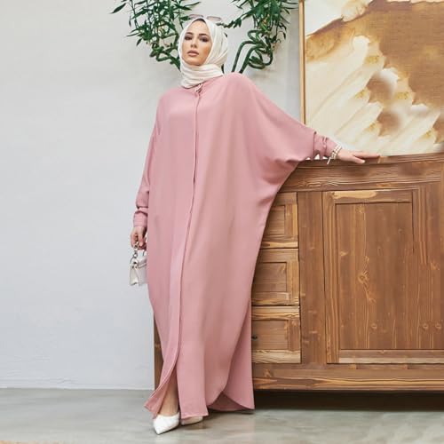 ODIZLI Women's Ramadan Abaya Muslim Batwing Sleeve Shirt Prayer Dress Kaftan Dubai Islamic Loose Maxi Dress - color: Pink
