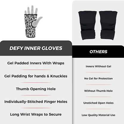 DEFY Padded Inner Gloves Quick 75cm Long Strap – Inner Boxing Gloves Gel Padded Knuckle Protection – Elasticated Boxing Hand Wraps for MMA Muay Thai Kickboxing Martial Arts Pair - color: Leopard Spots, size: Small