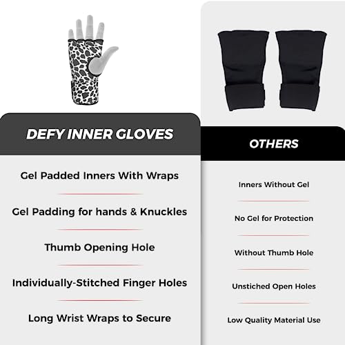 DEFY Padded Inner Gloves Quick 75cm Long Strap – Inner Boxing Gloves Gel Padded Knuckle Protection – Elasticated Boxing Hand Wraps for MMA Muay Thai Kickboxing Martial Arts Pair - color: Leopard Spots, size: X-Large