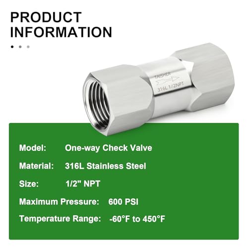 1PCS 316L Stainless Steel 1/2" NPT Female Check Valve,Backflow Prevention,One Way Non-Return Check Valves - size: 1/2" FNPT