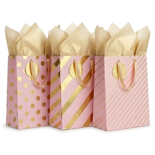 MilkToast Brands 3 Pack Medium Gift Bags Set – Pink & Gold Designs (Polka Dot, Stripes) with Tissue Paper & To/From Tags – Premium Birthday, Holiday Gift Wrapping Bags (Pink) - color: Pink & Gold