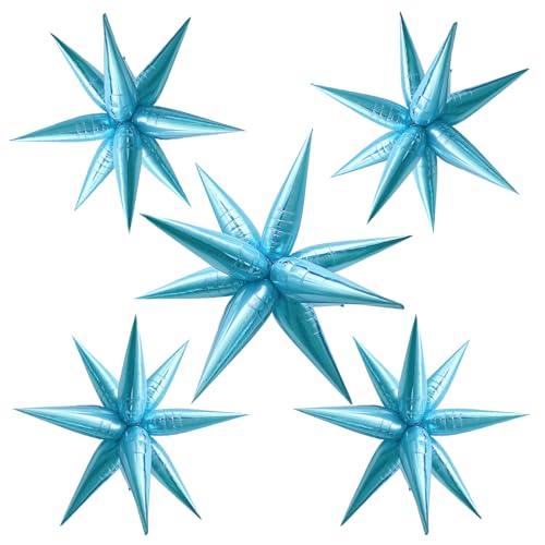 Light Blue Star Balloons Foil Mylar Spike Ballons Giant Frozen Birthday Party Decorations for Baby Shower Gender Reveal Bachelorette Snowflake Pool Beach Fishing Ocean Under the Sea Party Supplies - color: Pearlescent Blue