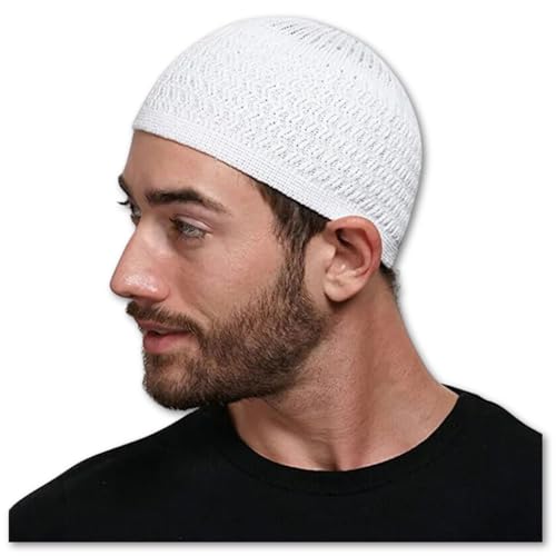 Breathable Cotton Stretchy Islamic Muslim Knitting Kufi Topi Prayer Hat Crochet Taqiyah Takke Skull Cap. - color: White