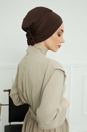 Aisha's Design Instant Turban Head Wraps for Women, Combed Cotton Scarf Lightweight Pre tied Hijab with Back Rose Detail - color: Brown