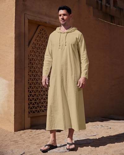 YAOHUOLE Long Sleeve Kaftan Thobe Button down Men Thobe with Pocket Big and Tall Kaftan Muslim Men Thobe - color: Khaki, size: X-Large