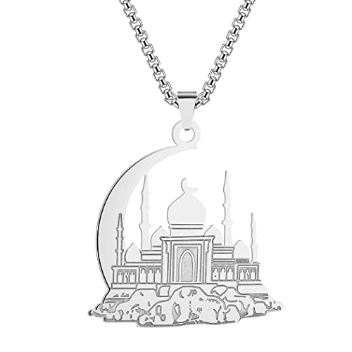 Mosque With Crescent Pendant Necklace For Women Men Muslim Jewelry 316L Stainless Steel Islamic Necklace - color: Silver