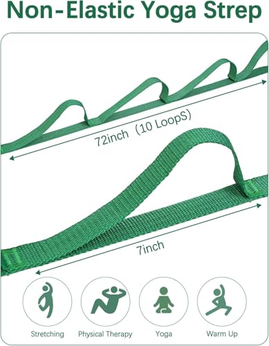 10 Loop Yoga Stretching Strap for Physical Therapy - Non-Elastic Exercise Band for Pilates, Yoga, Stretching for Women & Men - color: Green