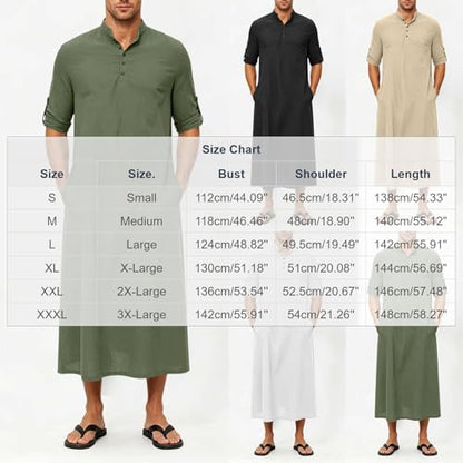 Men's Linen Kaftan Robe Button Down Long Sleeve Henley Collar Cotton Thobe Casual Loose Fit Stylish Gown Shirts - color: Black, size: Large