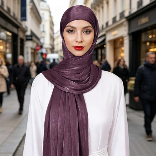 Premium Hijab Head Scarf for Women Lightweight Shimmer Hijab Head Wrap Scarves Crepe Satin Scarf Shawl Wrap - color: Purple
