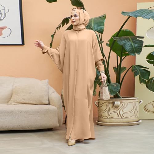 IKADEX Women Batwing Sleeve Abaya Button Loose Fit Long Maxi Muslim Dress Islamic Kaftan Prayer Robe - color: Khaki
