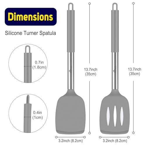 HOTEC Silicone Spatula Set of 2 Heat-Resistant 600°F & BPA-Free Kitchen SaptulaTurner with Stainless Steel Handles, Slotted & Solid Spatulas for Nonstick Cookware, 13.7 Inch, Grey - color: Gray