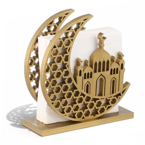 Namalu Eid Gold Napkin Holder for Tables Classical Islamic Ramadan Holiday Napkin Holder Wooden Crescent Moon Dome Minaret Ramadan Kareem Tissue Dispenser Mubarak Wood Tissue Dispenser for Storage - color: Gold, style: Eid Crescent Moon