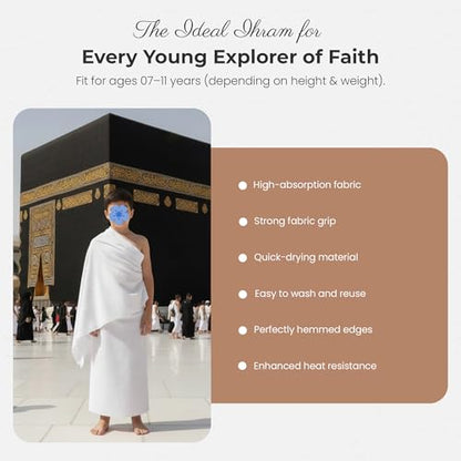 Pre-Teen Two-Piece Ihram Towel Set for Hajj and Umrah – A Pure White, Lightweight, and Travel-Friendly Children's Ihram - Breathable, Quick-Dry Microfiber Muslim Pilgrimage Wear for Boys Aged 7–11 - color: Pre_teen Ihram Set