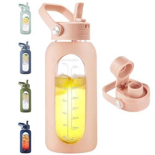 CIVAGO 32 oz Glass Water Bottle with Detachable Straw and Time Maker | Motivational Large Flask Cup with Handle, Leakproof Lids, Wide Mouth, Silicone Sleeve, Tumbler for Juice, Beige - color: Beige, size: 32 Ounces
