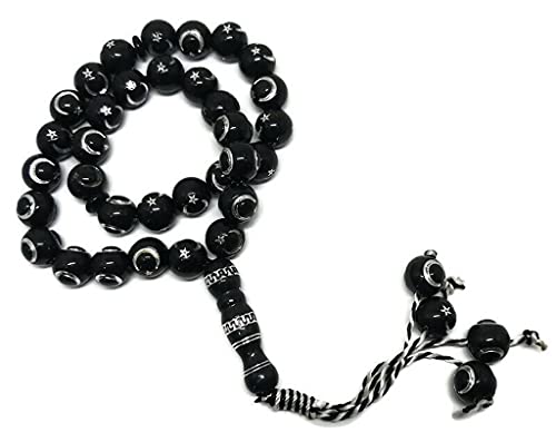 Muslim Bead Tasbih 33 Rosary AMN-277 Islam Prayer dhikr Misbaha with Moon Star Engraved on Islamic Religion Eid Ramadan Gift (Black) - color: Black