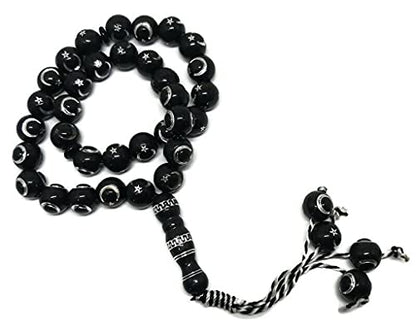 Muslim Bead Tasbih 33 Rosary AMN-277 Islam Prayer dhikr Misbaha with Moon Star Engraved on Islamic Religion Eid Ramadan Gift (Black) - color: Black