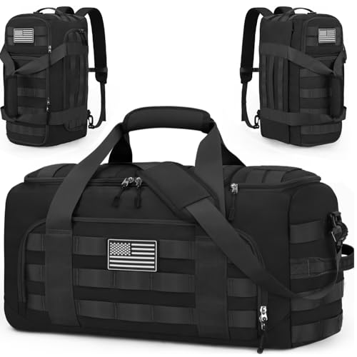 ZOMFELT Tactical Gym Bags for Men, Travel Duffle Bag with Removable Dividers & Innovative Shoe Compartment, 3-in-1 Waterproof MOLLE Gym Duffel Backpack, Airplane Carry-On Approved, Black - size: Large