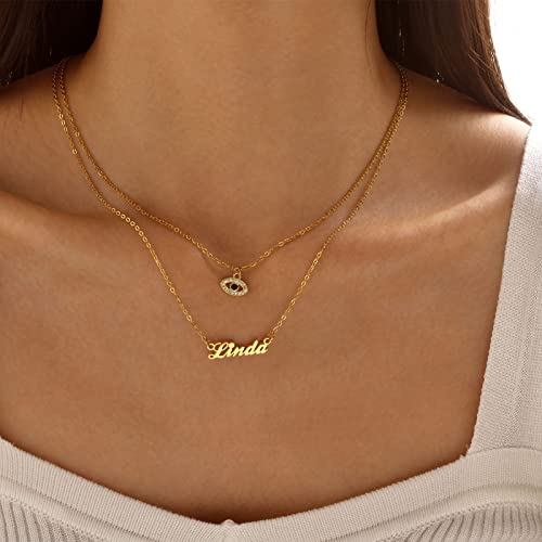 Name Necklace Personalized for Women : 18K Gold Plated Custom Name Necklace Chain Name Plate Choker Necklace Customized Gift Idea for Women Girl Female Friends Girlfriend BFF, Gold Plated/Silver - style: 2-layered evil eye+name