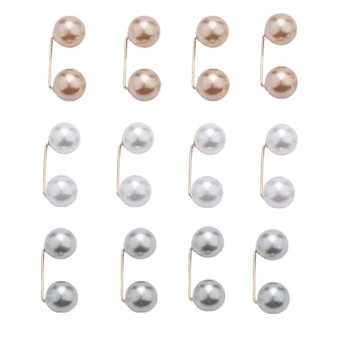 12 Pack Brooch Pins Artificial Pearl Safety Pins Anti-exposure Neckline Sweater Shawl Clips with Double End Decorative Pearls Cardigan Collar Holder for Women Wedding Dress Blouse V-line Tops