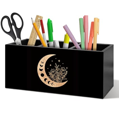 Witchy Floral Moon Pen Holder Organizer Desk Decor, Witchy Room Decor, Boho Black Gold Celestial Crescent Moon Phase Wooden Pen Pencil Holders for Home Office Desk Accessories