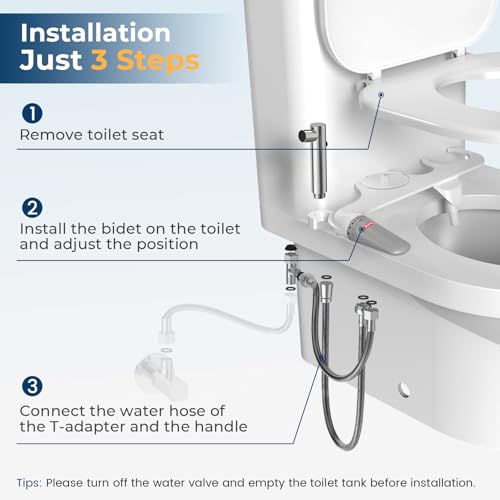 DEANIC 2-in-1 Bidet Attachment with Handheld Bath Bidet Sprayer, Ultra-Slim Adjustable Water Pressure Nozzle, Cold Water Non Electric Hand Sprayer for Toilet Seat (Sliver White)