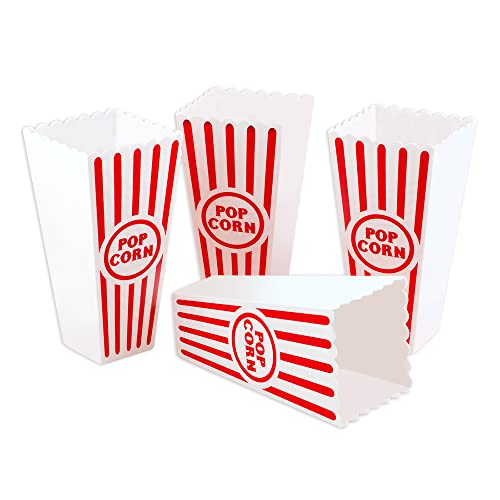 Novelty Place Plastic Red & White Striped Classic Popcorn Containers for Movie Night - 7.8" Tall x 3.8" Top x 2.3" Bottom, 41oz (4 Pack)