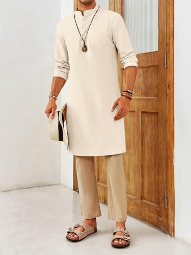 Gafeng Mens Kaftan Robe Button Down Long Sleeve Henley Cotton Thobe Casual Side Split Gown Shirt - color: Beige, size: X-Large