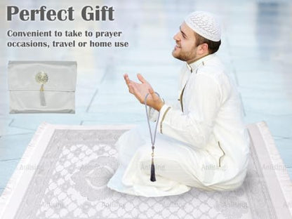 Anlising Muslim Prayer Mat with Prayer Beads and Fabric Bag, Islamic Prayer Mat, Foldable Prayer Rug, Muslim Foldable Prayer Mat, Muslim Prayer Rug, for Muslim, Islamic, Ramadan, Gifts(Gray,110x70CM)