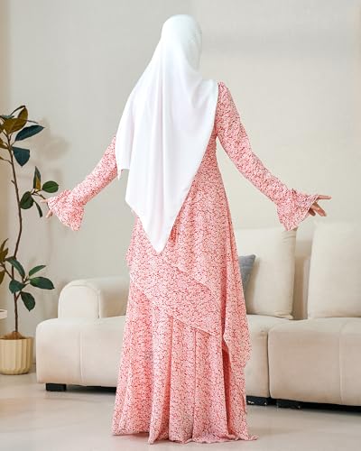 Muslim Abaya Dress for Women 3-Piece Set, Ruffle Top & Chiffon Maxi Skirt - color: Pink, size: Small