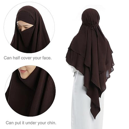Khalat Muslim Prayer Hijab - 2 Layers Soft Breathable Islamic Dubai Women's Instant Long Hijab - color: Dark Brown