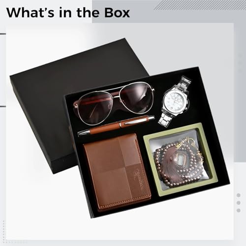 6-Piece Brown Prayer Gift Set: Includes Wallet, Watch, Sunglasses, Pen, Beads, And Finger Counter For Ramadan And Eid