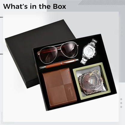 6-Piece Brown Prayer Gift Set: Includes Wallet, Watch, Sunglasses, Pen, Beads, And Finger Counter For Ramadan And Eid