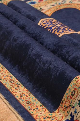 SODEF Velvet Prayer Rug Seccade Navy Blue Polyester with Chenille Base and Tassels - Comfortable and Durable for Daily Use - Multicolor