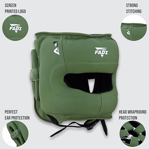 A1 Boxing Sparring Headgear – Face Saver Head Guard with Nose Protection, Cowhide Leather Boxing Headgear for MMA, Muay Thai & Kickboxing Training - color: Green, size: Small-Medium