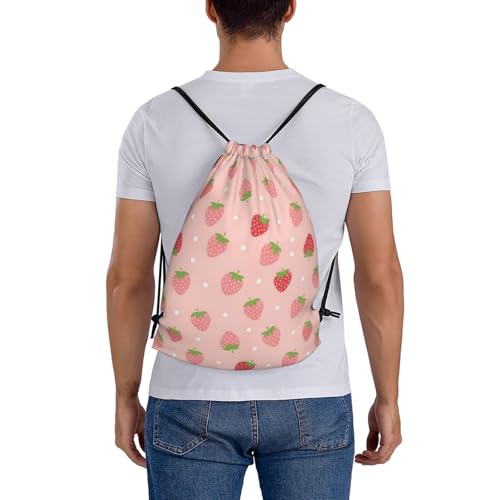 Unisex Polyester Drawstring Bag Cute Pink Strawberry Polka Dot, Large Capacity Gym Sack for Swimming and Beach Activities - color: Pattern (373)