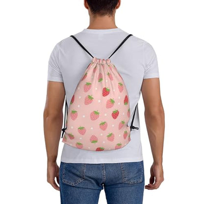 Unisex Polyester Drawstring Bag Cute Pink Strawberry Polka Dot, Large Capacity Gym Sack for Swimming and Beach Activities - color: Pattern (373)
