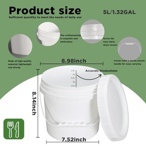 4 Pack 1.3 Gallon White Plastic Storage Buckets with Screw Lids, Food Grade Container with Measurement Markings, Reusable Small Container - color: White, size: 4pack 1.3 Gal